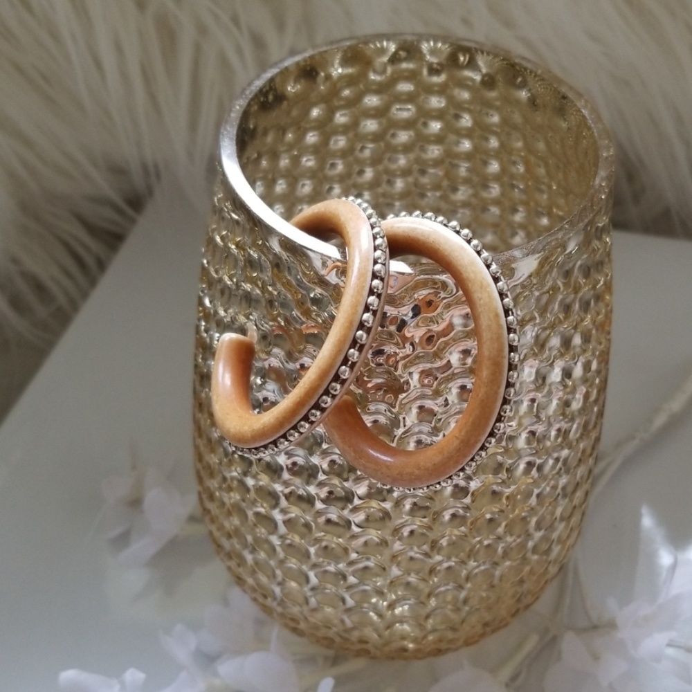 Camel Color Tan Round  Hoop Earrings Silver Embellishments